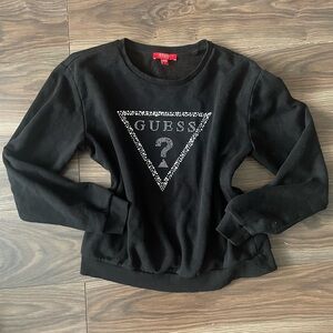 GUESS Black Fleece-Lined Crewneck with Red Logo Tag